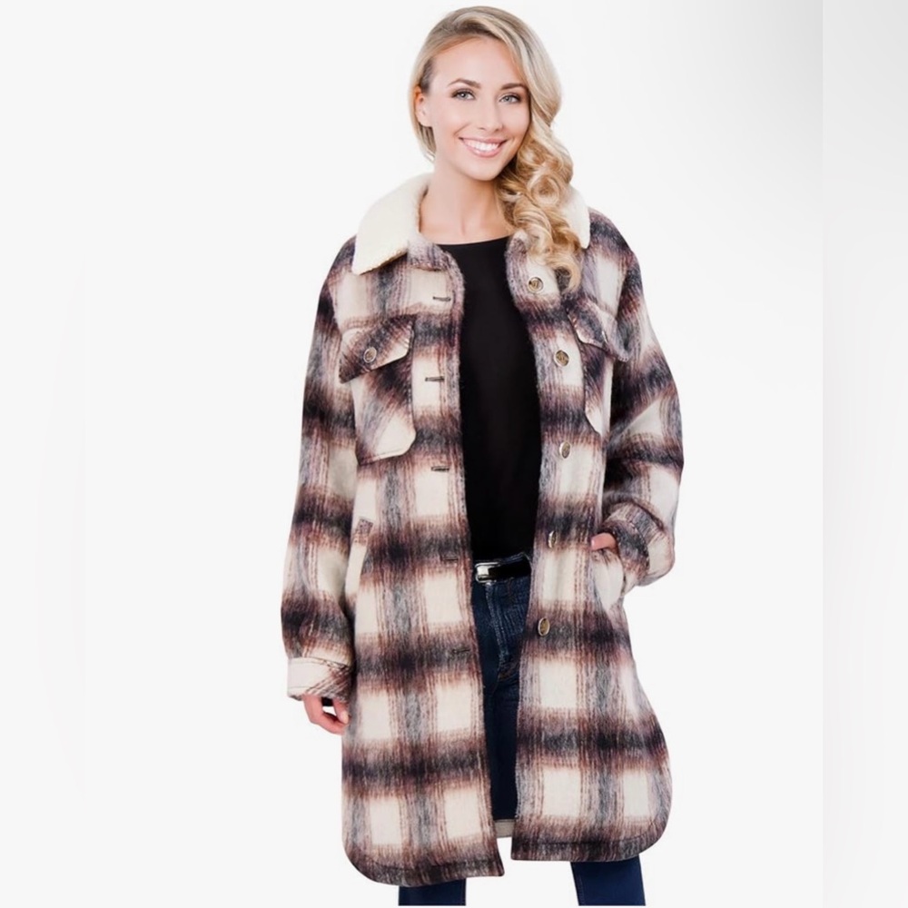 Vince Camuto Fleece Plaid Shacket Women, Long Plaid Jacket Woman, Plaid Coat